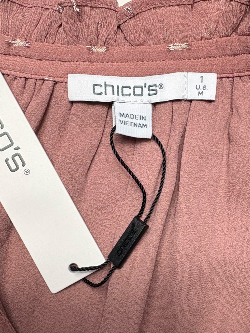 NWT Chicos Dusty Rose Metallic Clip Dot Ruffleneck Blouse • Size 1 / US M • $100 - Picture 10 of 12